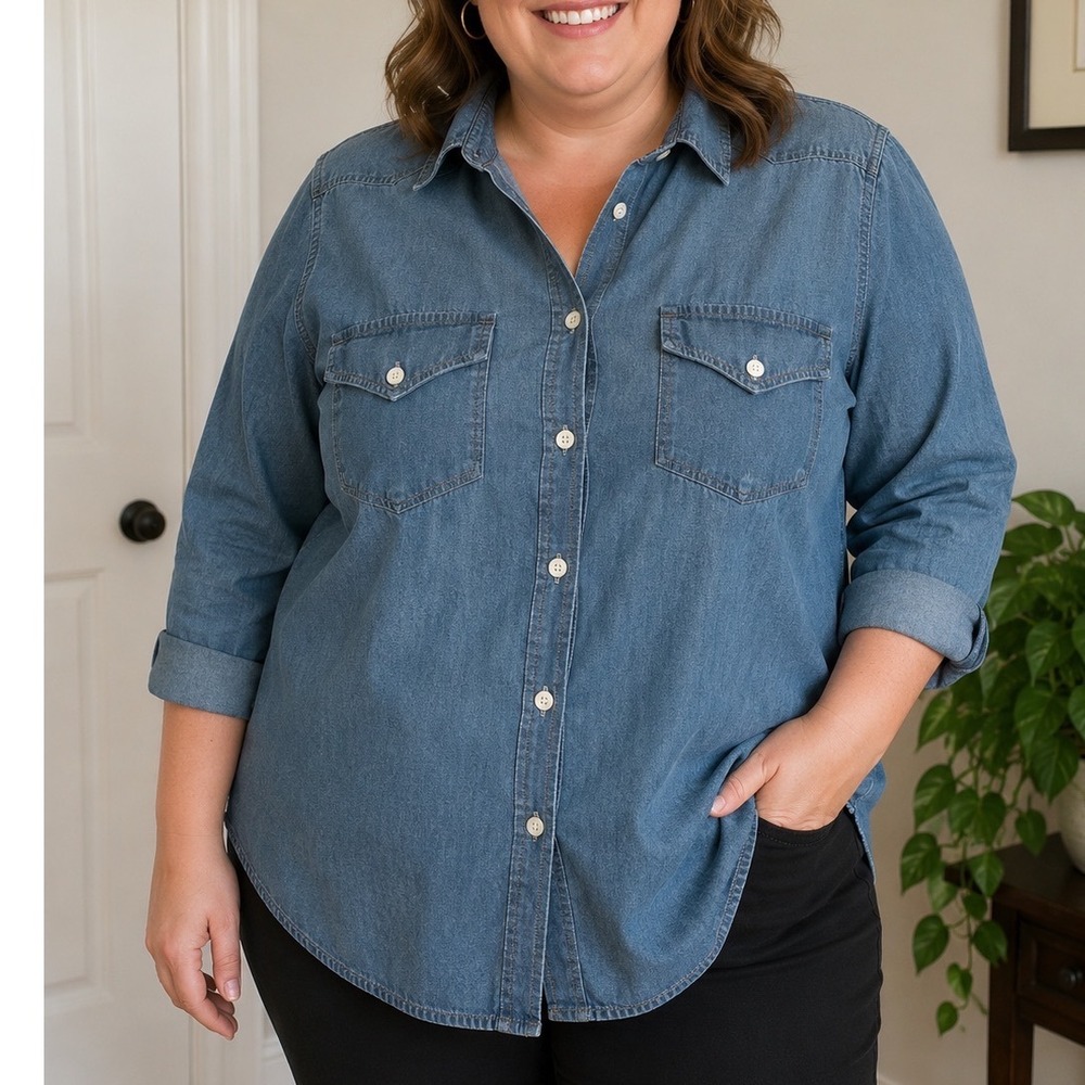 Jean Shop New York Womens Blue Chambray Denim Button Down Shirt XL